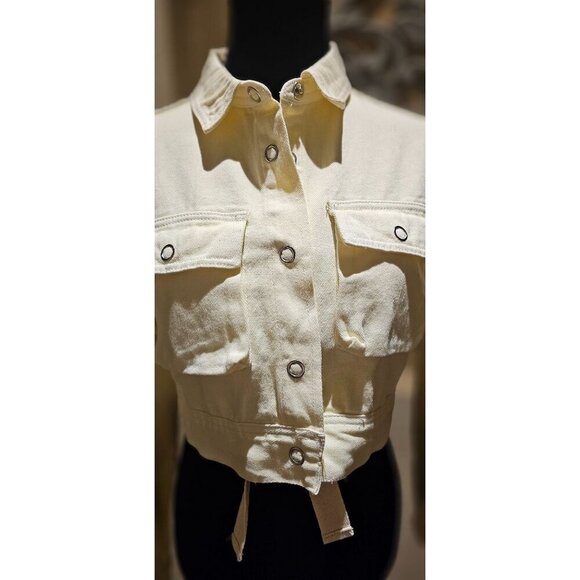 Fashion Nova Butter Yellow Cropped Cream Denim M Jacket Adjustable Waist - Picture 3 of 12